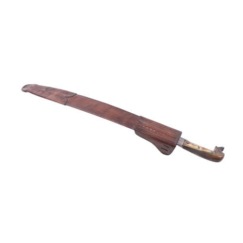 78 - A 19th century Mexican machete with horn handle in a tooled leather scabbard, the steel blade marked... 