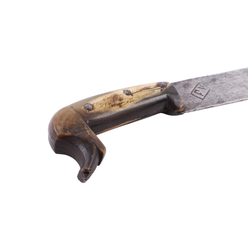 78 - A 19th century Mexican machete with horn handle in a tooled leather scabbard, the steel blade marked... 
