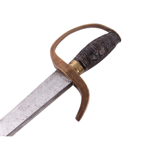 80 - A 19th century Chinese Hudiedao (butterfly) sword with carved hardwood handle and brass guard, havin... 