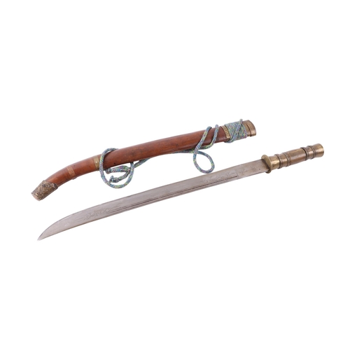 86 - A Yunnan Upper Vietnam border Dao / Dha sword with green buffalo horn and brass handle, in a brass a... 
