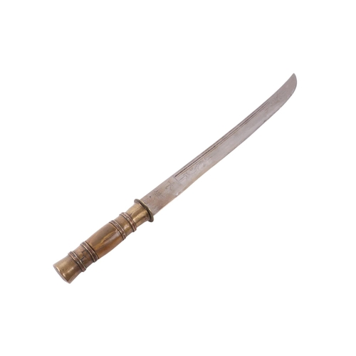 86 - A Yunnan Upper Vietnam border Dao / Dha sword with green buffalo horn and brass handle, in a brass a... 