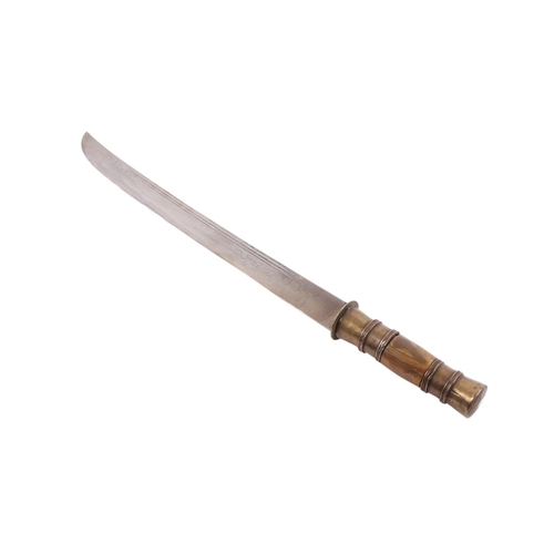 86 - A Yunnan Upper Vietnam border Dao / Dha sword with green buffalo horn and brass handle, in a brass a... 