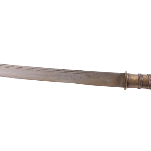 86 - A Yunnan Upper Vietnam border Dao / Dha sword with green buffalo horn and brass handle, in a brass a... 