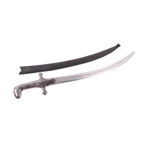92 - An Afghan / North West Indian short Shamshir sword with steel handle and steel blade decorated with ... 