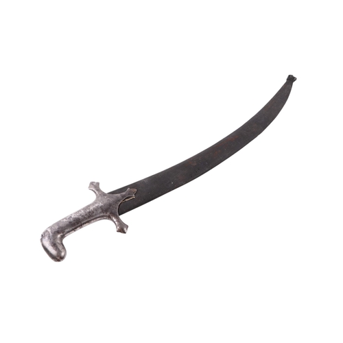 92 - An Afghan / North West Indian short Shamshir sword with steel handle and steel blade decorated with ... 