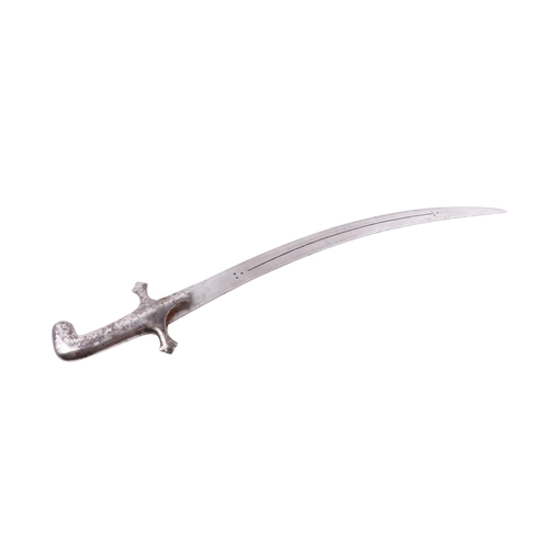 92 - An Afghan / North West Indian short Shamshir sword with steel handle and steel blade decorated with ... 