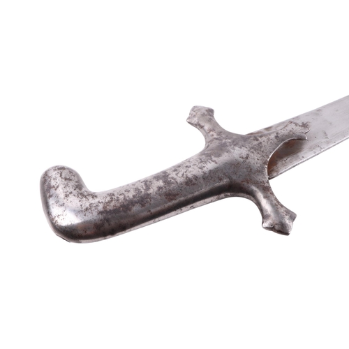 92 - An Afghan / North West Indian short Shamshir sword with steel handle and steel blade decorated with ... 