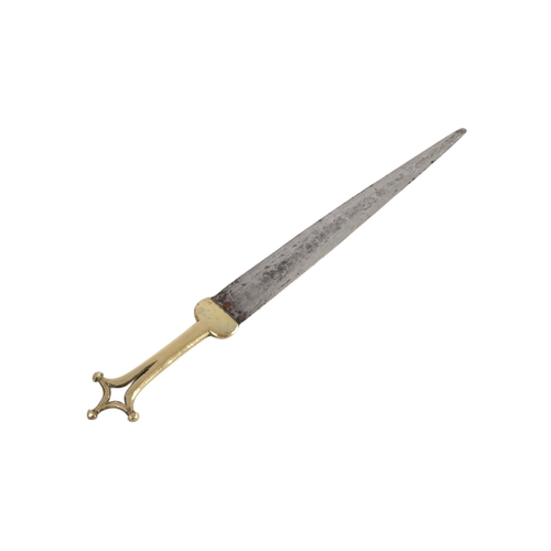 71 - An early 20th century African Tuareg / Telek, Nupe tribe arm dagger with brass handle and scabbard h... 