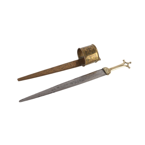 71 - An early 20th century African Tuareg / Telek, Nupe tribe arm dagger with brass handle and scabbard h... 