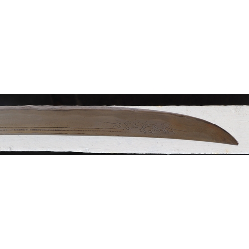 86 - A Yunnan Upper Vietnam border Dao / Dha sword with green buffalo horn and brass handle, in a brass a... 