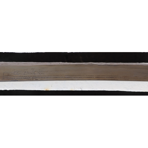86 - A Yunnan Upper Vietnam border Dao / Dha sword with green buffalo horn and brass handle, in a brass a... 