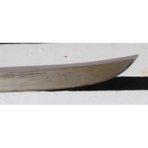 86 - A Yunnan Upper Vietnam border Dao / Dha sword with green buffalo horn and brass handle, in a brass a... 