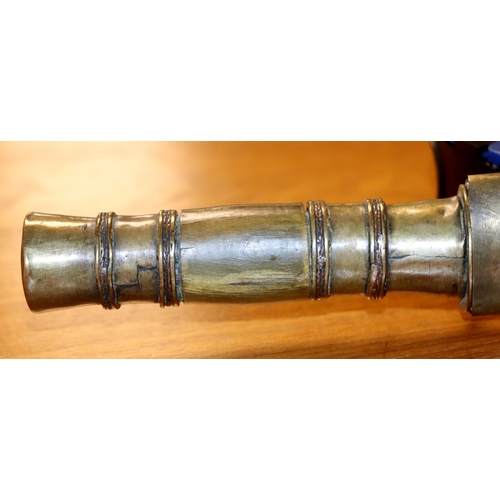 86 - A Yunnan Upper Vietnam border Dao / Dha sword with green buffalo horn and brass handle, in a brass a... 