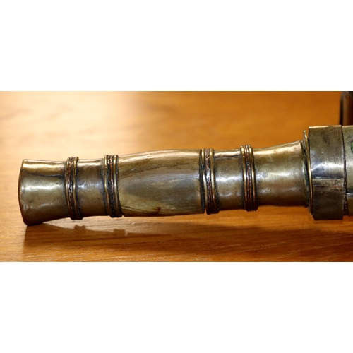 86 - A Yunnan Upper Vietnam border Dao / Dha sword with green buffalo horn and brass handle, in a brass a... 