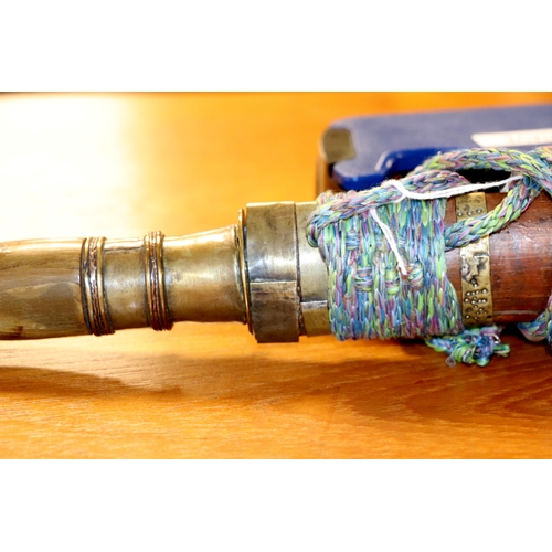 86 - A Yunnan Upper Vietnam border Dao / Dha sword with green buffalo horn and brass handle, in a brass a... 