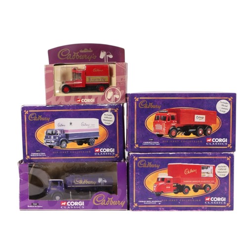 139 - A collection of Corgi Classics Cadbury themed diecast commercial vehicles, including Cadbury Cakes B... 