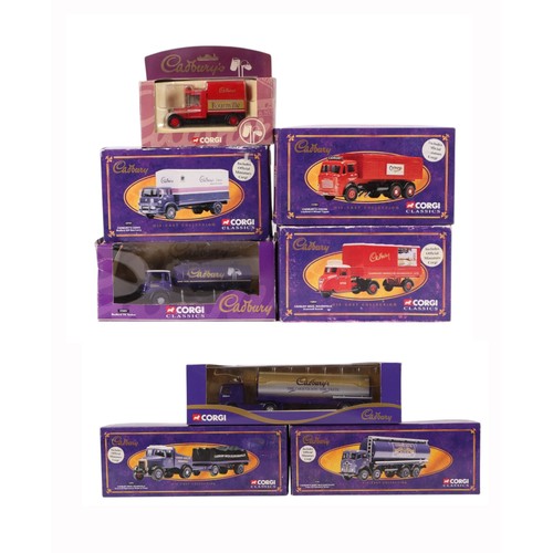 139 - A collection of Corgi Classics Cadbury themed diecast commercial vehicles, including Cadbury Cakes B... 