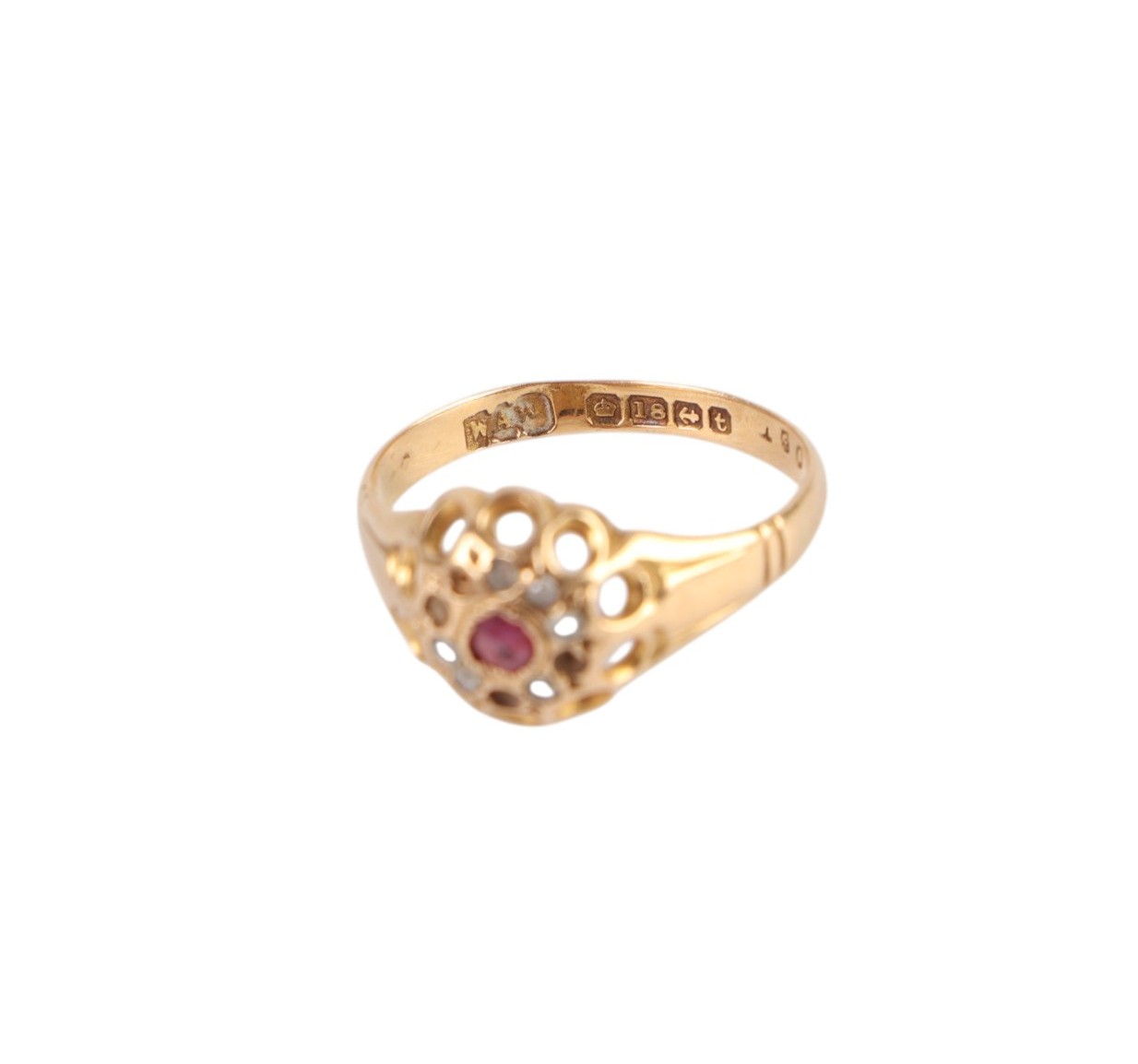 An 18ct gold ruby and diamond ring, approx UK size N, 2.6g.
