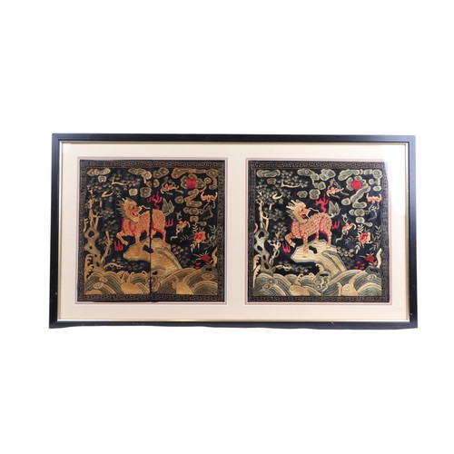 706 - A pair of Chinese silk embroidered rank badges with central Qilin, 29 by 29cms, framed & glazed ... 