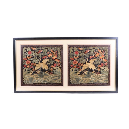 707 - A pair of Chinese embroidered rank badges, each 29 by 29cms, framed & glazed as one.
