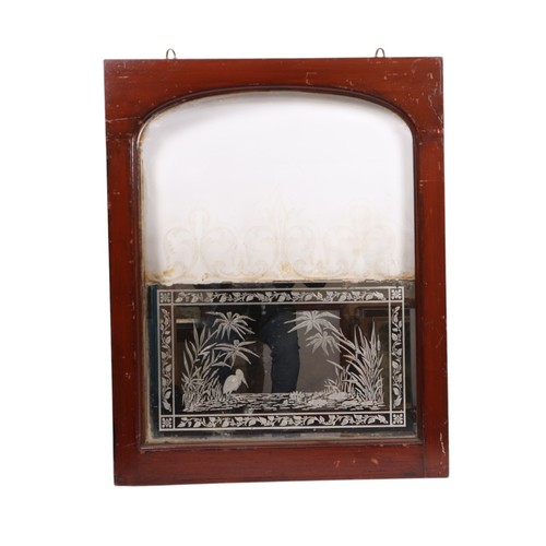 854 - An etched glass pub type window, frame, 63 by 157cms; together with an arched etched and half mirror... 