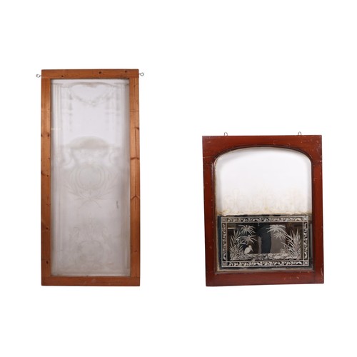 854 - An etched glass pub type window, frame, 63 by 157cms; together with an arched etched and half mirror... 