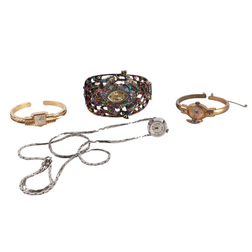 Three ladies bangle watches; together with a pendant watch (4).