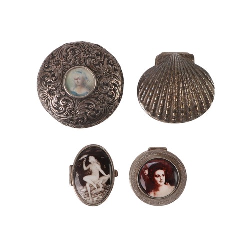 A silver pill box, the top set with a portrait miniature; a scallop ...
