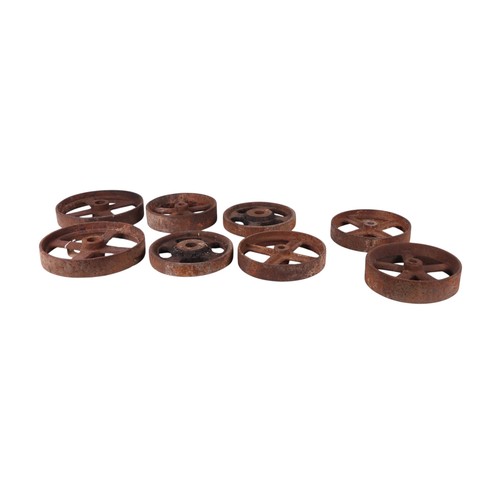 17 - Four pairs of vintage cast iron wheels. The largest being 30cms (11.75ins) diameter by 5.5cms (2.125... 