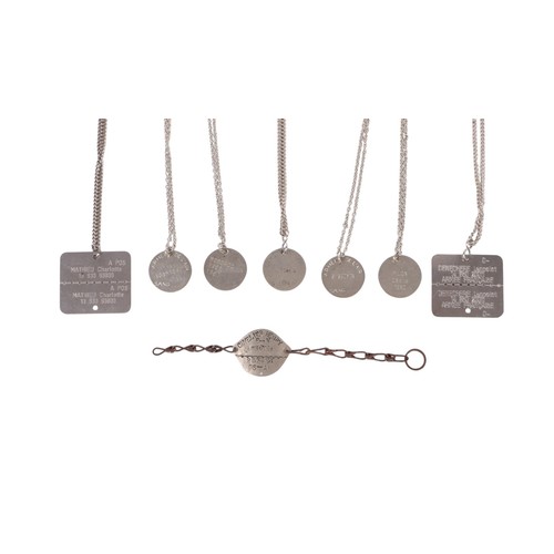 144 - Original French Armed Forces identity metal Dog Tags. Three from the French Air Force on chains and ... 