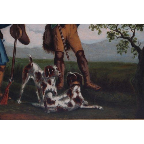 283 - English school - Hunting Scene with Two Figures and Dogs - oil on canvas, in an ornate gilt frame, 8... 