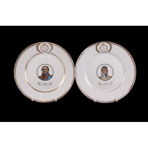 335 - A set of six 19th century continental porcelain plates decorated with Napoleonic period generals, 22... 