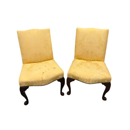 1024 - A pair of 19th century occasional chairs, with upholstered seats and backs, on acanthus leaf capped ... 