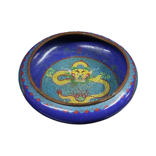 102 - Antique Cloisonné Chinese Brass Bowl, Highly Decorated with Yellow Dragon, Character Marks to Base -... 