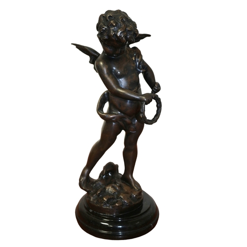 173 - Bronze Cherub Figurine on Marble Base with Signature to Base, 30 cm Tall