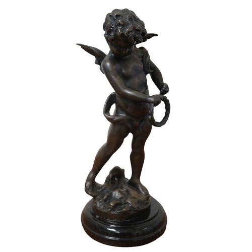 173 - Bronze Cherub Figurine on Marble Base with Signature to Base, 30 cm Tall