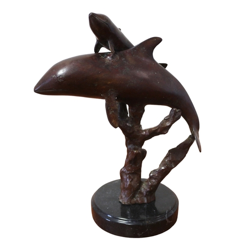 174 - Bronze of Dolphins and Baby on Base, No Markings, 29cm Tall