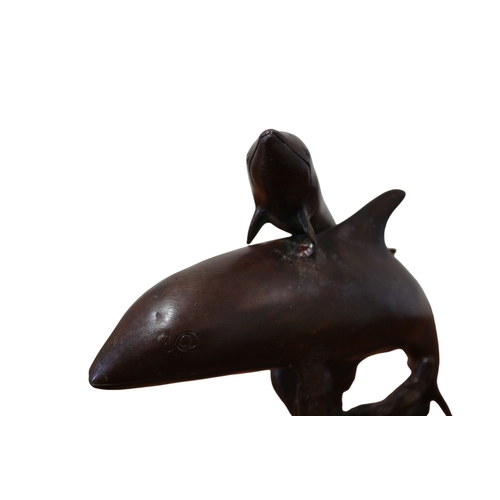 174 - Bronze of Dolphins and Baby on Base, No Markings, 29cm Tall