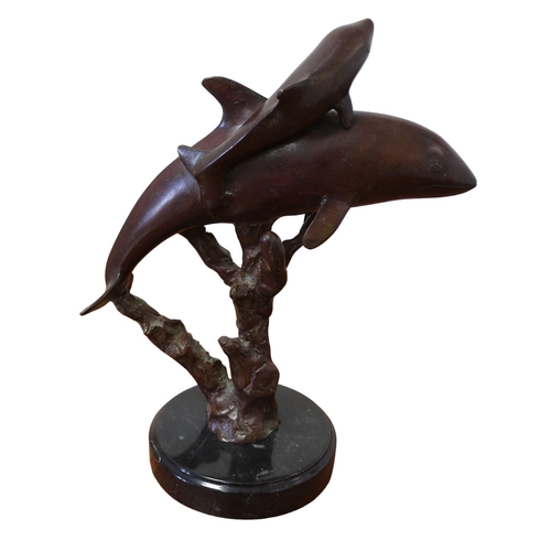 174 - Bronze of Dolphins and Baby on Base, No Markings, 29cm Tall