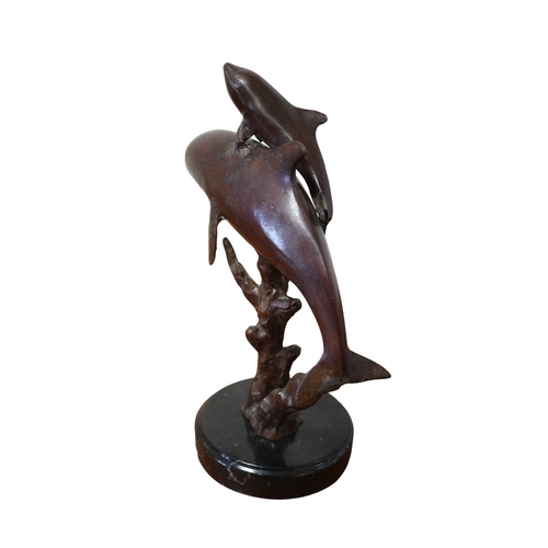 174 - Bronze of Dolphins and Baby on Base, No Markings, 29cm Tall