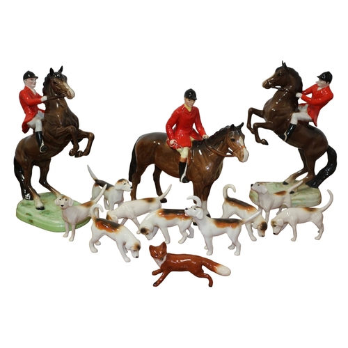 177 - Beswick Fox Hunting Set of 13, 2 Huntsman on Rearing Horses, Model 868, 1 Huntsman on Standing Horse... 