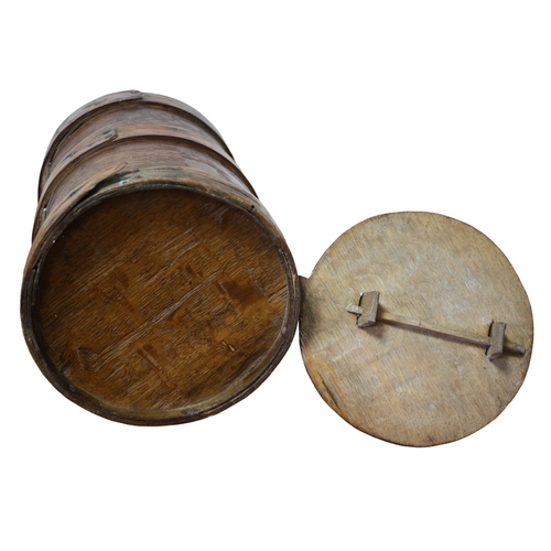 18 - 19th Century Oak Bentwood Banded Flour Barrel with Sliding Locking Lid and Handle - 30cm x 17cm Dia