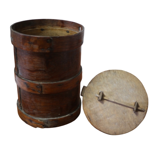 18 - 19th Century Oak Bentwood Banded Flour Barrel with Sliding Locking Lid and Handle - 30cm x 17cm Dia