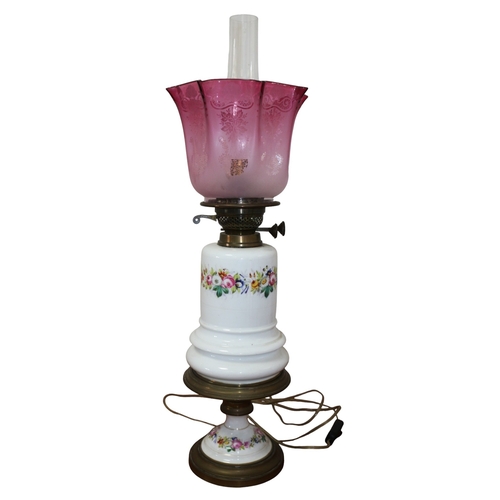 182 - Victorian Ceramic and Brass Converted Oil Lamp with Purple Decorative Glass Shade, Flume and Contine... 