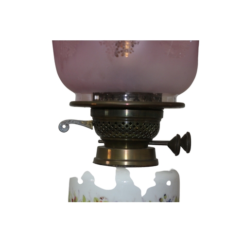 182 - Victorian Ceramic and Brass Converted Oil Lamp with Purple Decorative Glass Shade, Flume and Contine... 