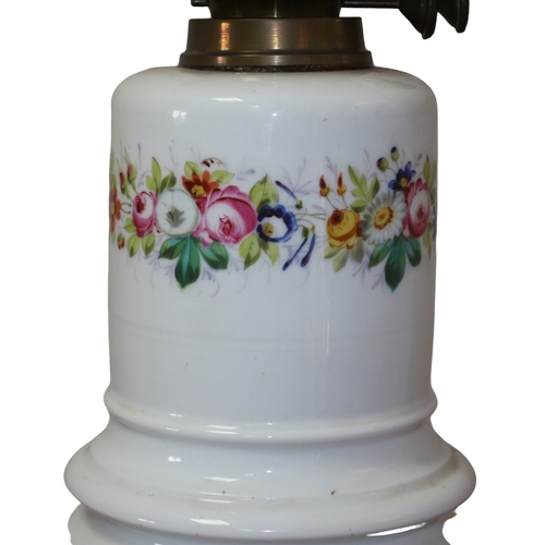 182 - Victorian Ceramic and Brass Converted Oil Lamp with Purple Decorative Glass Shade, Flume and Contine... 