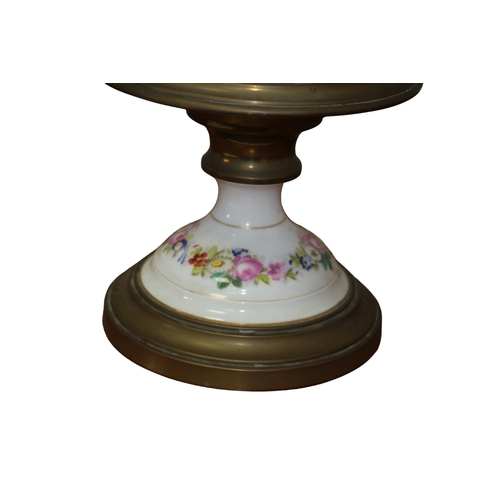 182 - Victorian Ceramic and Brass Converted Oil Lamp with Purple Decorative Glass Shade, Flume and Contine... 