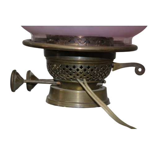 182 - Victorian Ceramic and Brass Converted Oil Lamp with Purple Decorative Glass Shade, Flume and Contine... 