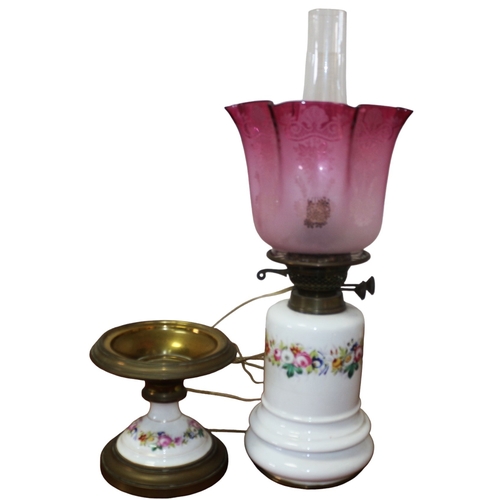 182 - Victorian Ceramic and Brass Converted Oil Lamp with Purple Decorative Glass Shade, Flume and Contine... 