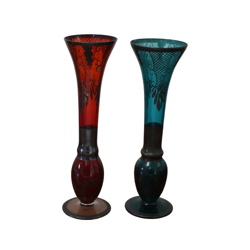 20 - 2 Mid Century Fluted Venetian Glass Vases - One Deep Red the other Deep Blue - Both with Gondola Sce... 